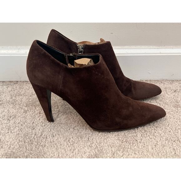 Prada Vero Cuoio Suede Leather Pointed Toe Cone Heel Ankle Bootie Brown Women 36 - Picture 2 of 11